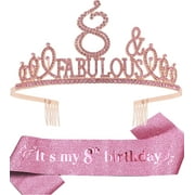 8th Birthday Sash and Tiara for Girls - Fabulous Glitter Sash + Fabulous Rhinestone Pink Premium Metal Tiara for Girls, 8th Birthday Gifts for Princess Party